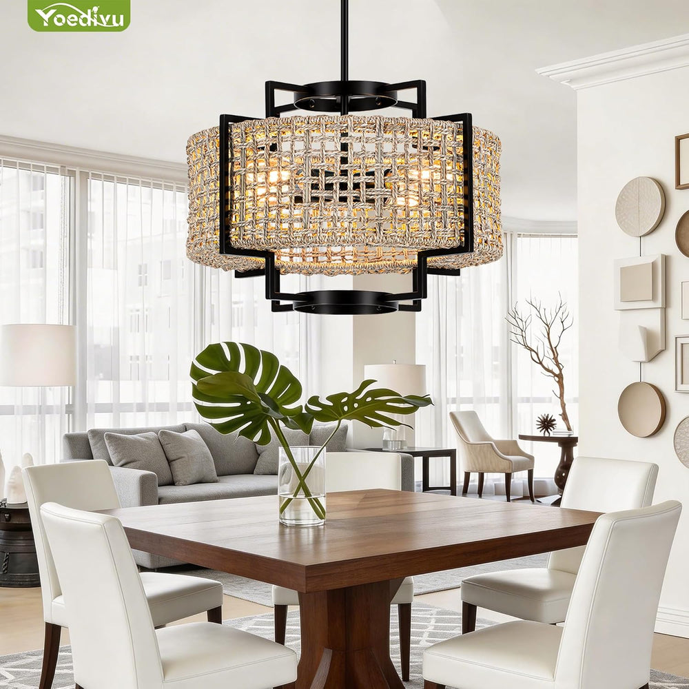 18" Rattan Chandelier, 4-Light Boho Pendant Light for Dining Room