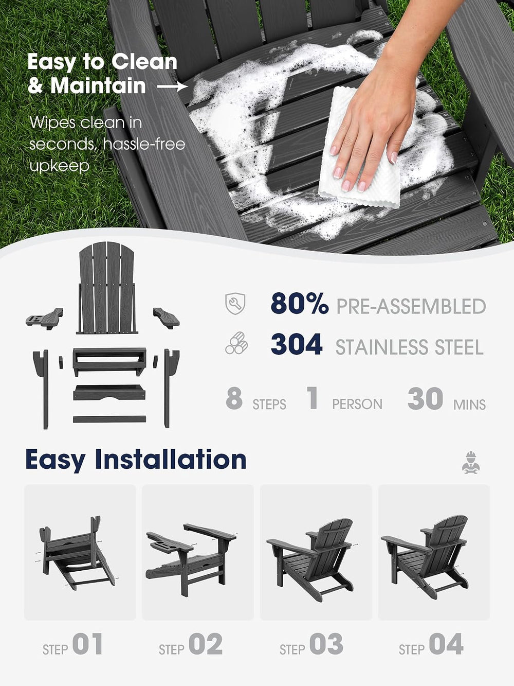 KINGYES Folding Adjustable Adirondack Chair with Ottoman & 2 Cup Holders ...