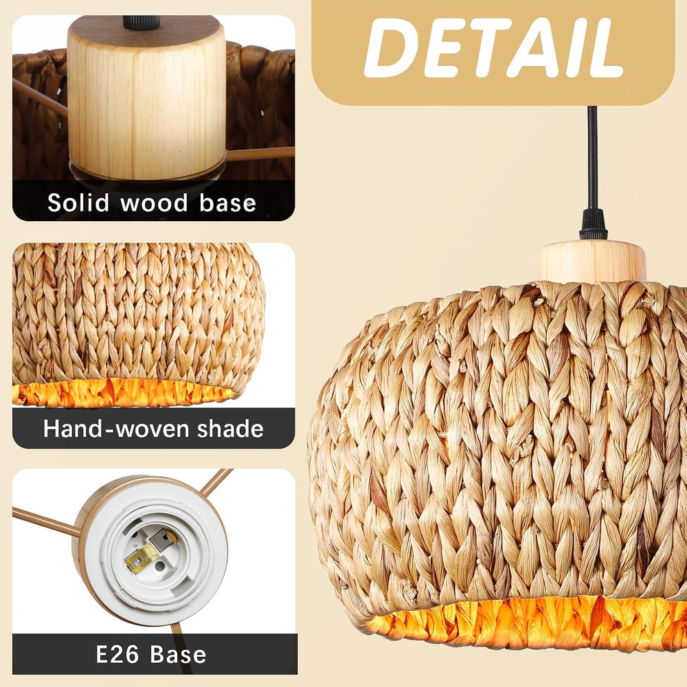 Hand-Woven Rattan Pendant Lights Kitchen Island wiht 12 Inch Wickel Shade