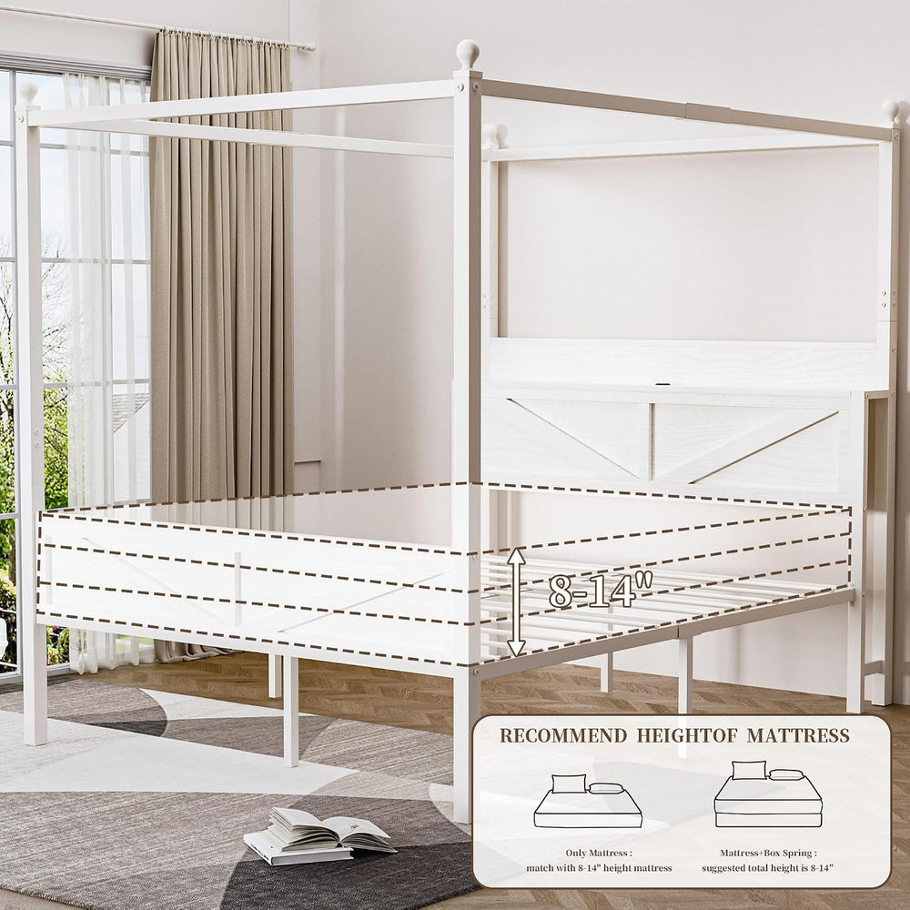 Canopy Bed Frame Full Size with Storage Headboard, Beige