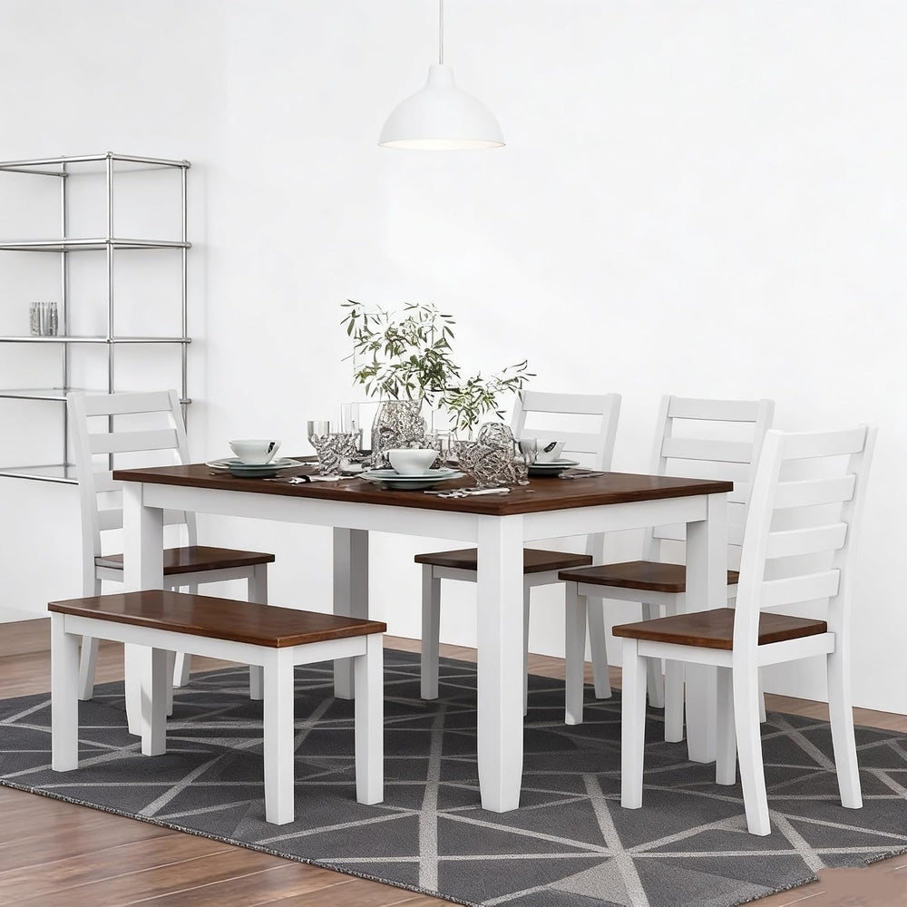 LUMISOL Solid Wood Kitchen Table Set with 4 Chairs & Long Bench, Walnut C...
