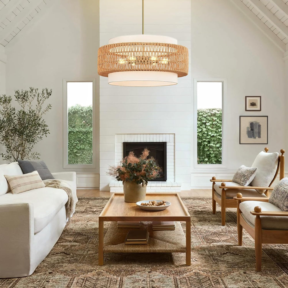 6-Light Rattan Chandelier for Dining Room, 25.6" Boho Pendant Hanging Light
