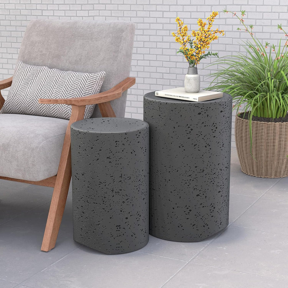 COSIEST Concrete Outdoor Side Table, Set of 2 Round End Tables, Decorative Ga...
