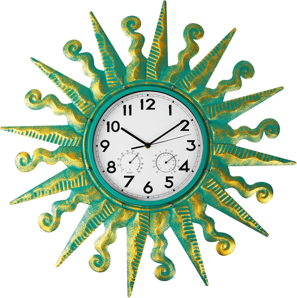 25-Inch Sun-Shaped Outdoor Clock and Thermometer Set Golden