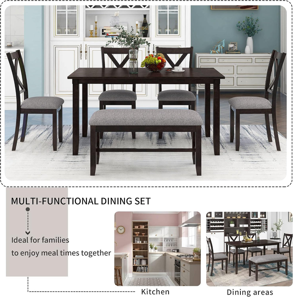 Merax 6 Piece Rustic Farmhouse Dining Table Set with Bench, Solid Wood Rectan...