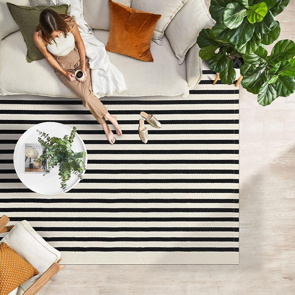 IOHOUZE 4x6 Striped Outdoor Rug, Washable Front Porch, Black Beige