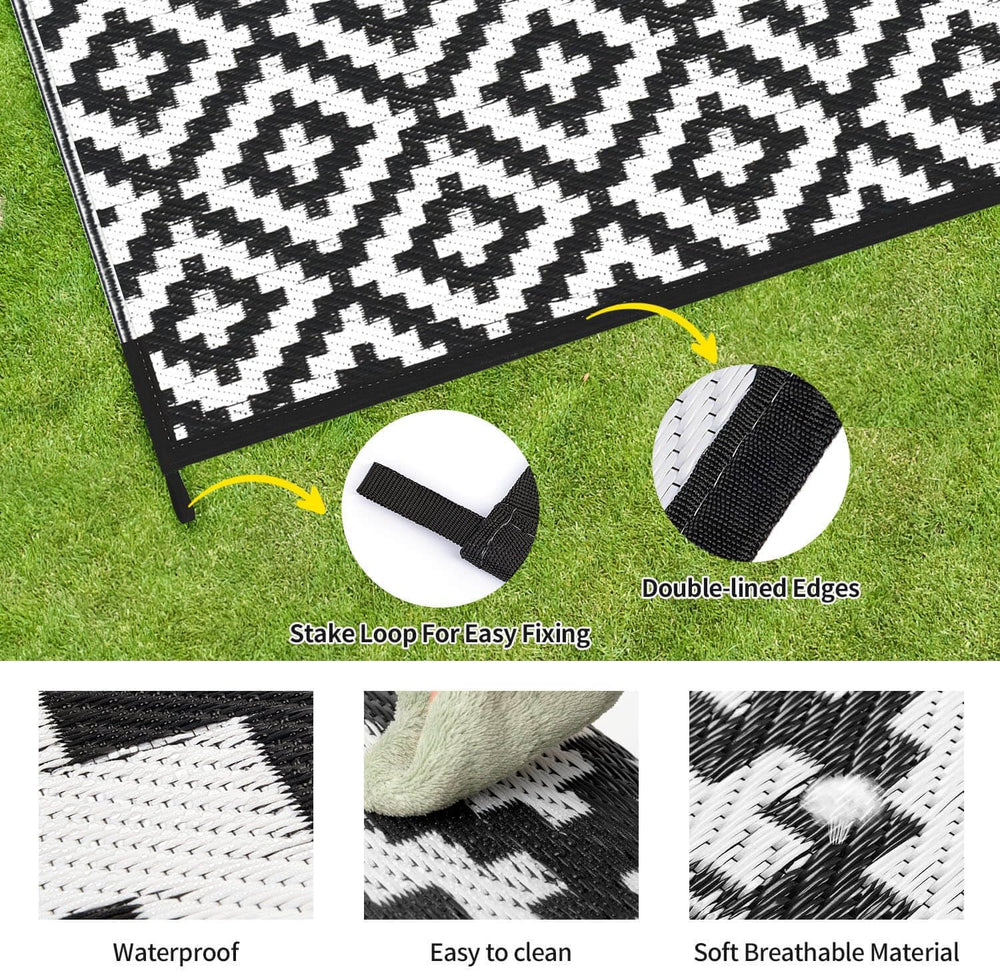 Kalafun Outdoor Patio Plastic Straw Rug, 5x8 ft, Black White
