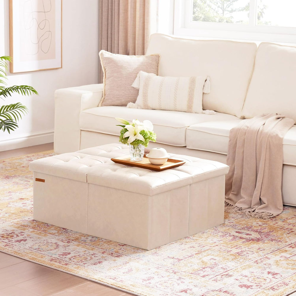 HAUSFRAU Ottoman with Storage Bench Folding Foot Rest Stool Ivory