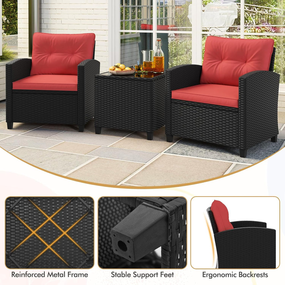 RELAX4LIFE 3-Piece Patio Furniture Set - Wicker Rattan Bistro Sofa Set w/Glas...