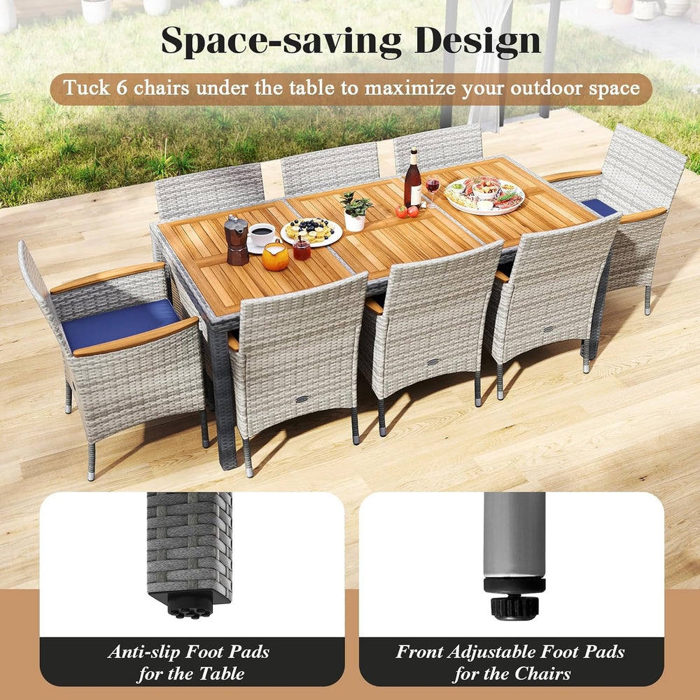 COSTWAY 9-Piece Patio Rattan Wicker Dining Set for 8 with Umbrella Hole