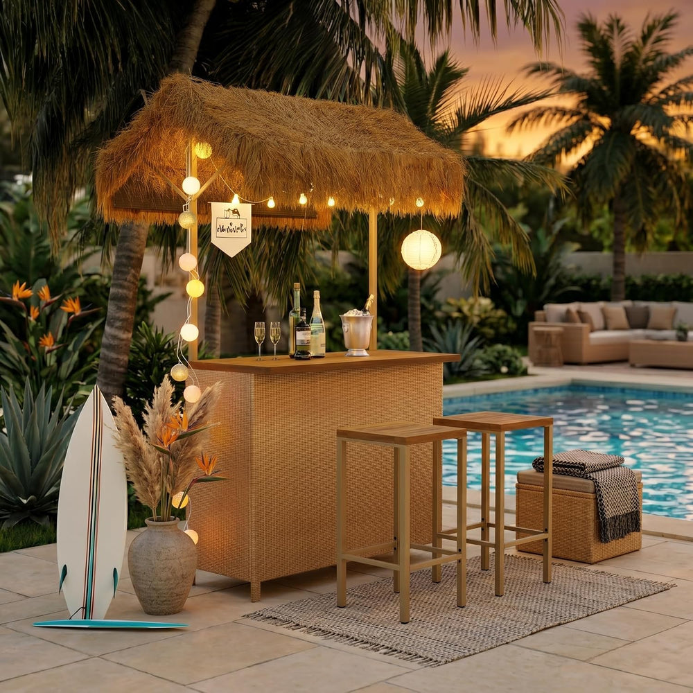 LUMISOL 3pcs Outdoor Bar Set, Hawaiian Style Bar Height Patio Set with PE Gra...