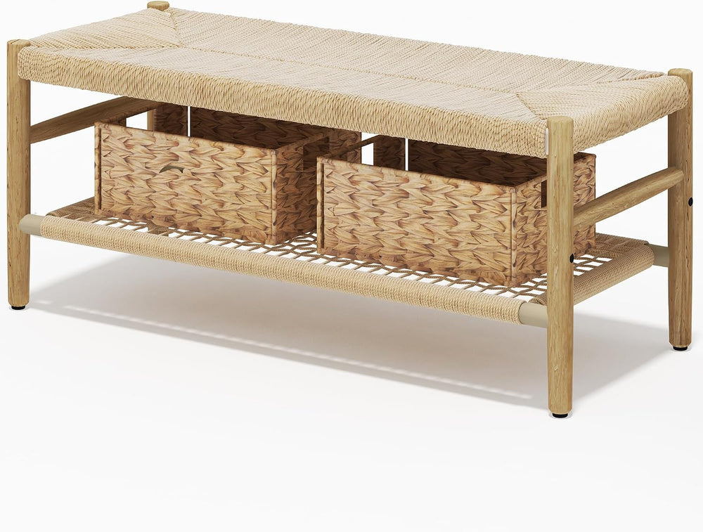 Recaceik Indoor Entryway Bench with Paper Cord Ottoman & Grid Storage Rac...