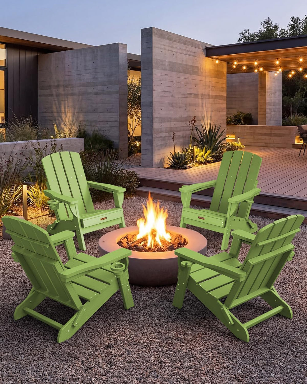 Folding Adirondack Chairs Set of 2, HDPE, 2 Cup Holders, Lime
