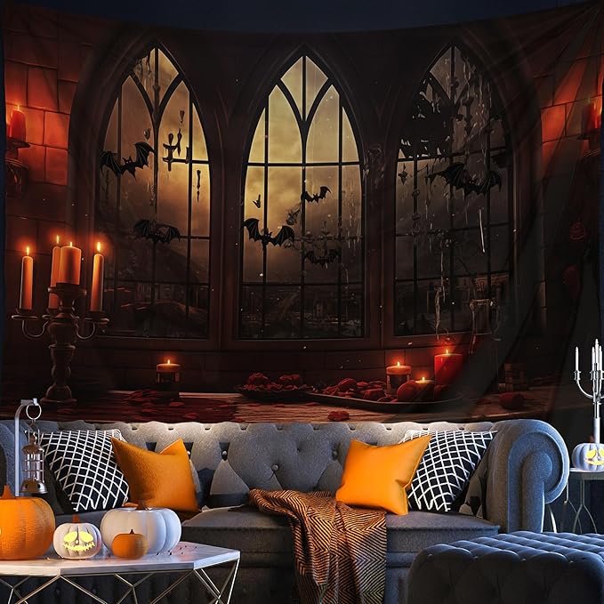 QGHOT Halloween Tapestry Wall Hanging Horror Castle Window Tapestry Gothic Sp...