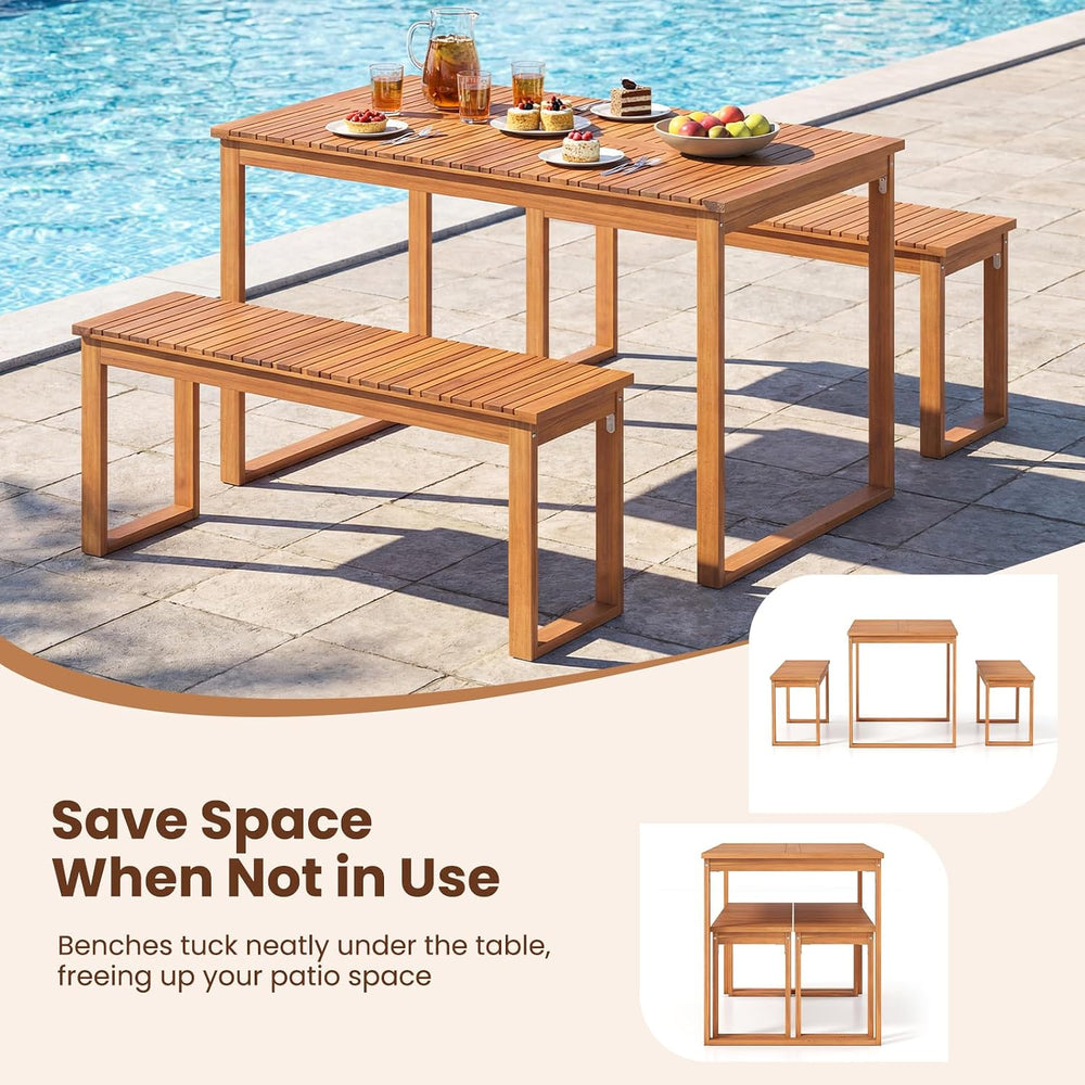 Tangkula 3 Pieces Patio Wooden Dining Set, Acacia Wood Rectangular Picnic Bee...