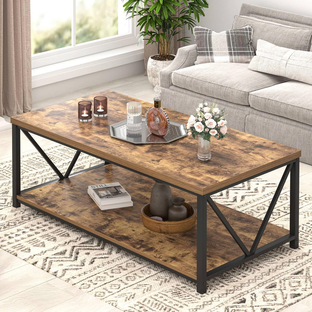 EXCEFUR Modern Coffee Table, Rustic Wood and Metal Living Room Table with Sto...