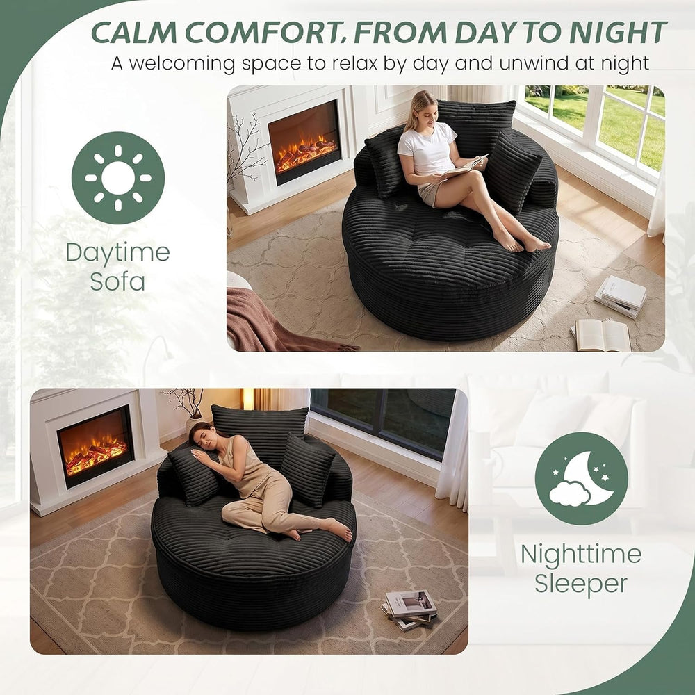 Oversized Round Chaise Lounge Chair, Deep Seat Cloud Boneless Floor Sofa Couc...