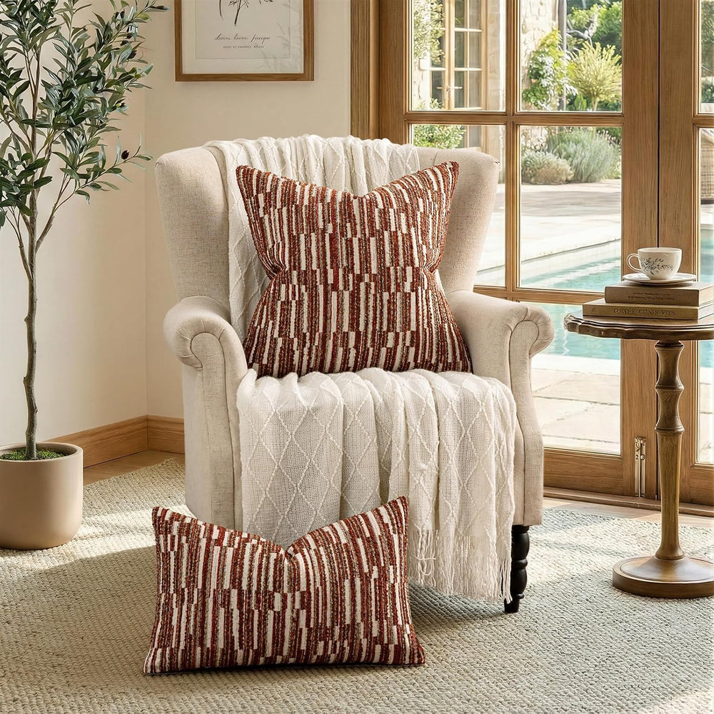 Boho Striped Decorative Throw Pillow Covers 26"X26" Set of 2,Burgundy