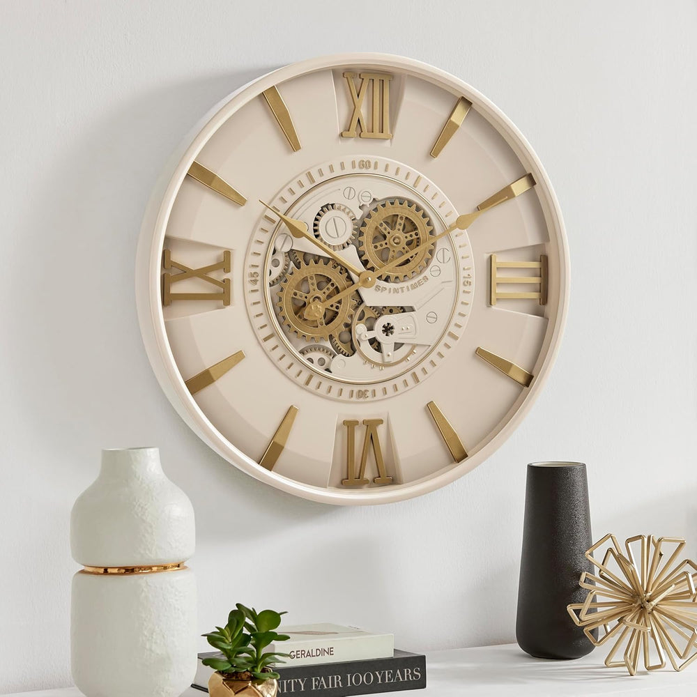CLXEAST Mid Century Modern 24 Inch Moving Gear Walll Clock, Ivory &Gold