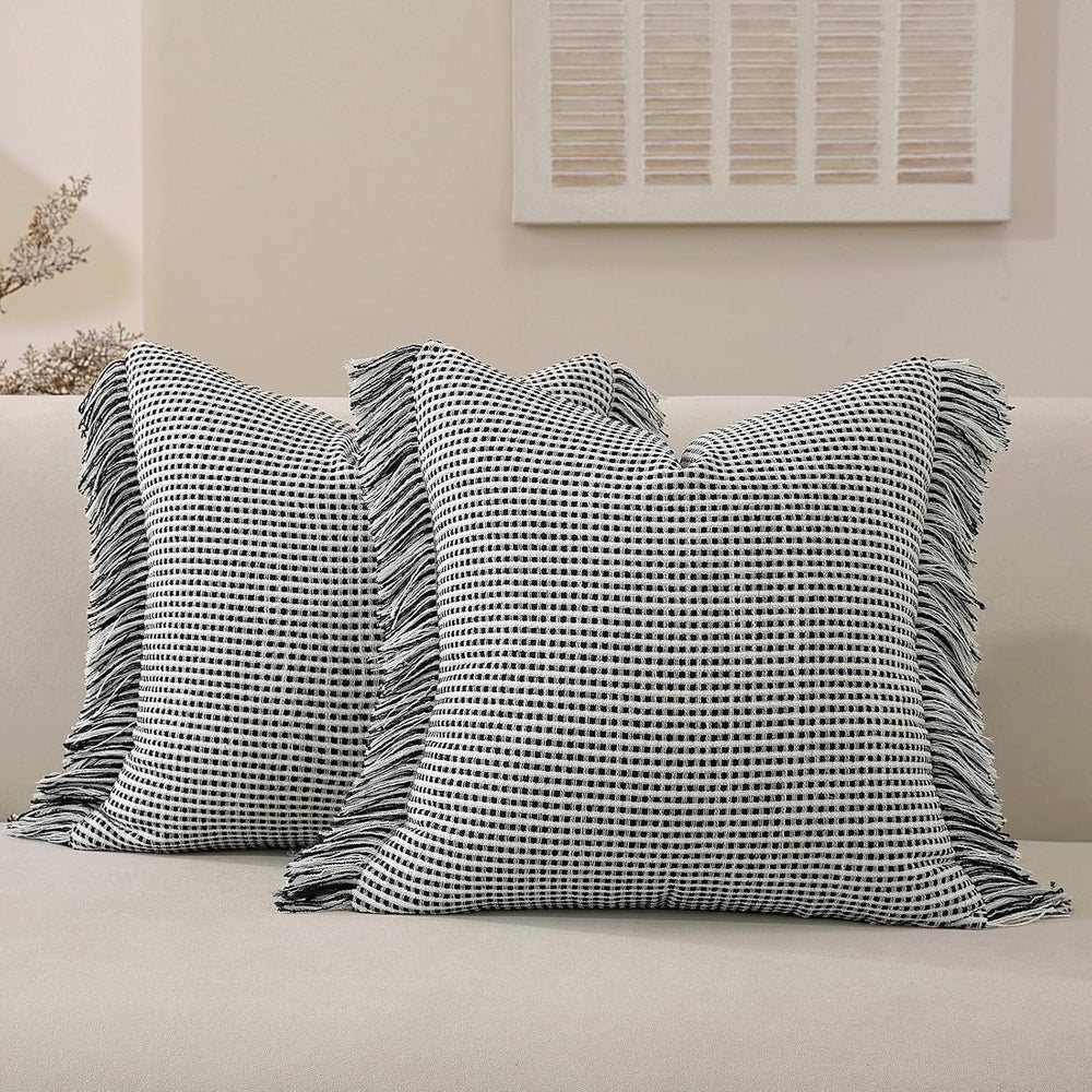 Boho Throw Pillow Covers 20x20 Set of 2 Soft Cotton Striped Fringe Pillow Cov...