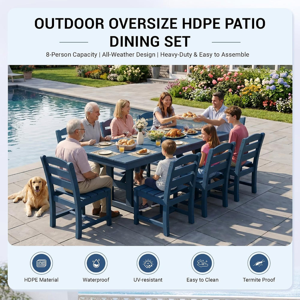 KINGYES Outdoor Dining Set,84'' Table w/Umbrella Hole & Armless C...