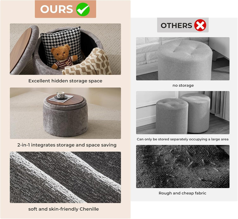 Modern Round Storage Ottoman with Reversible Tray Lid,Chenille Ottoman Foot S...