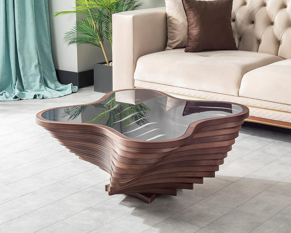 Papella Design Modern Coffee Table – Natural Walnut Veneer, Tempered Glass To...