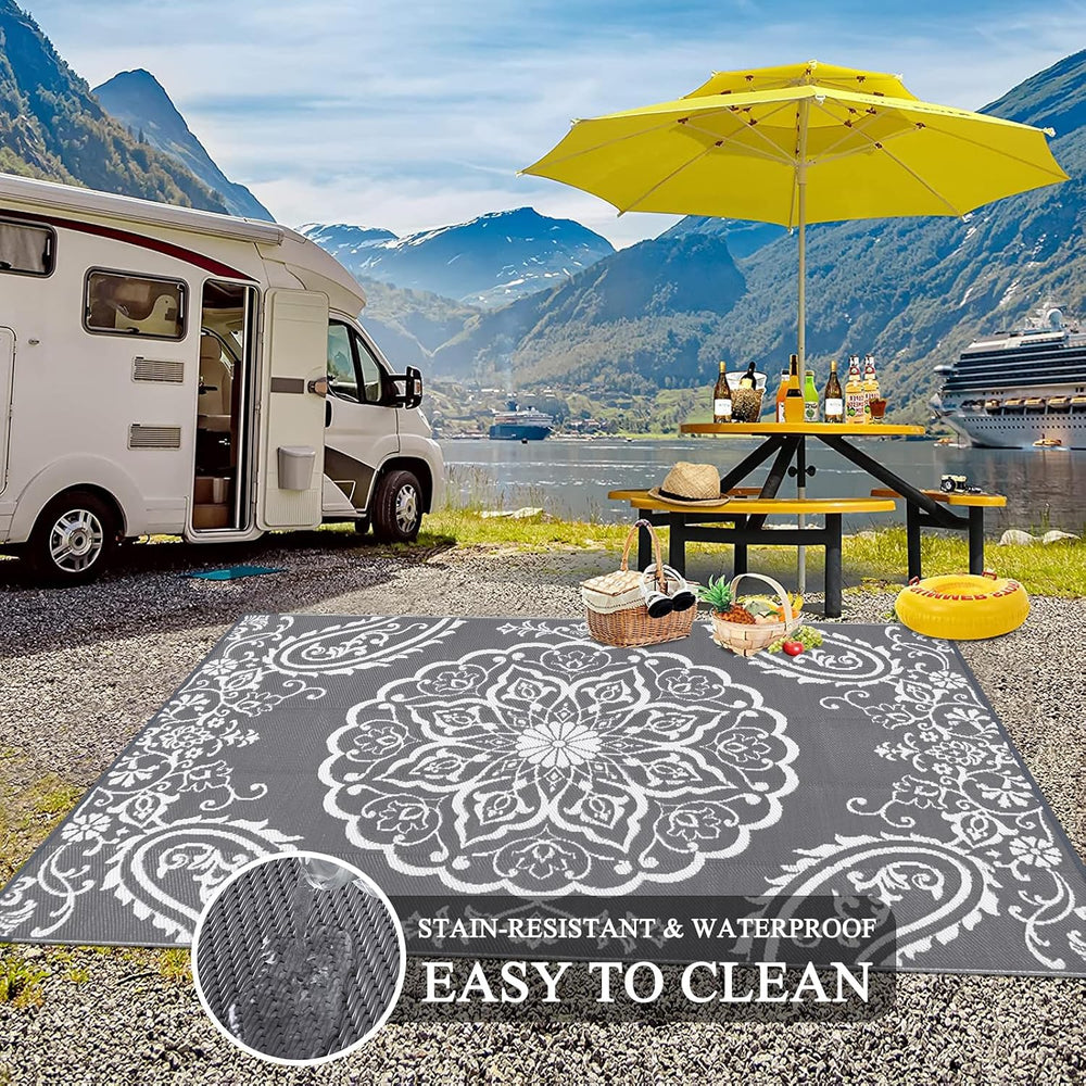 Pauwer Outdoor Rug 10x14, Waterproof Plastic Straw Camping Rug, Boho Grey