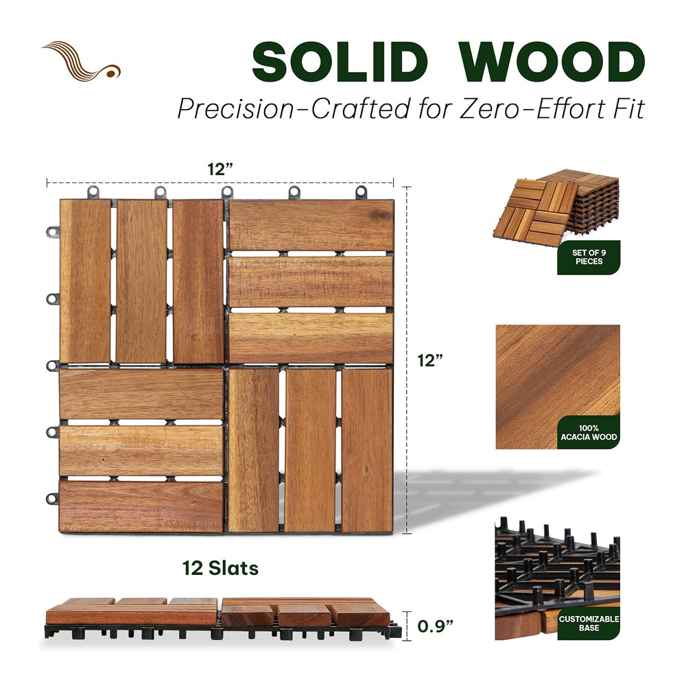 VICTORY RELAX Natural Acacia 12x12 Interlocking Wood Deck Tiles for Balcony, ...