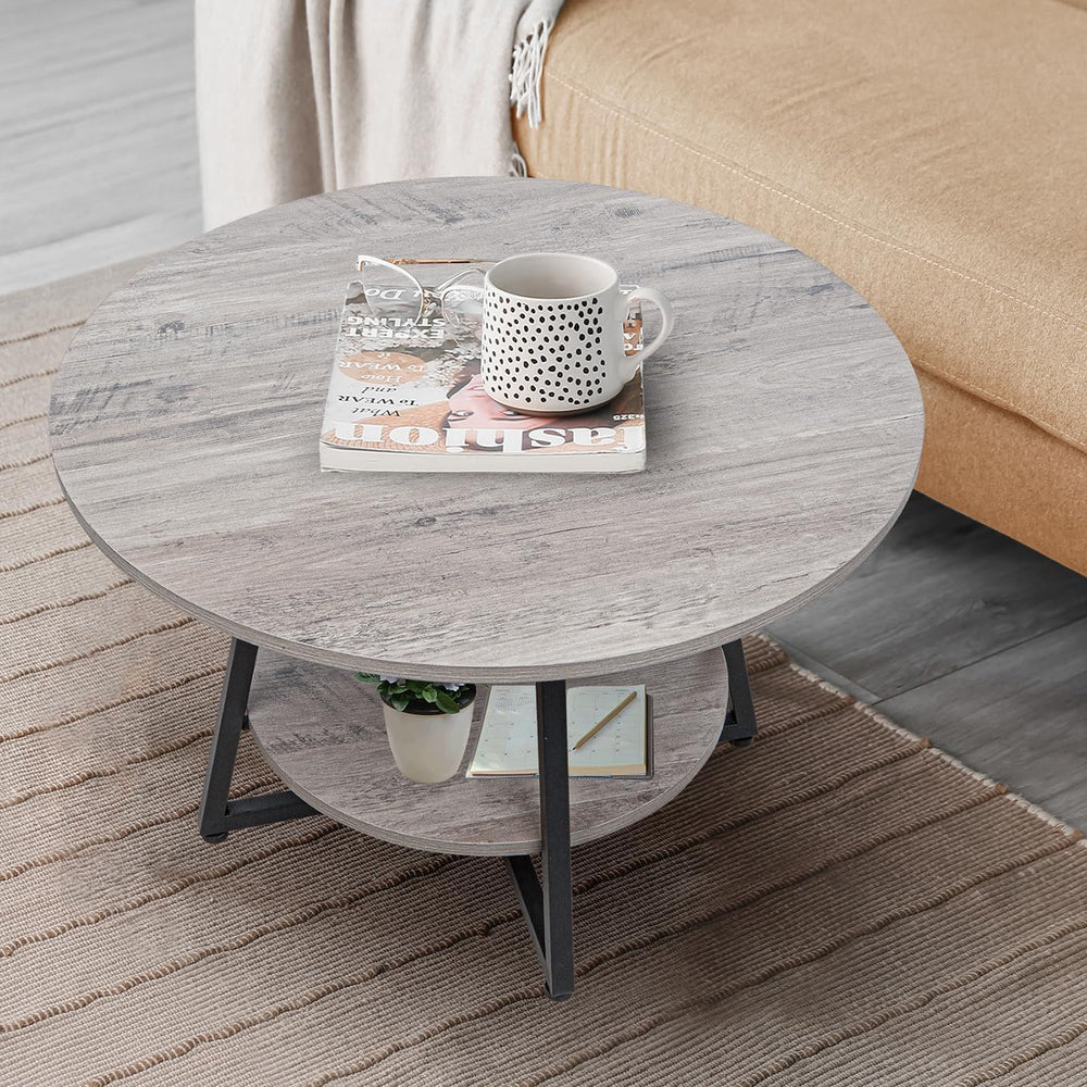 Round Coffee Table, 2-Tier Circle Coffee Table with Storage, Modern Wood Roun...