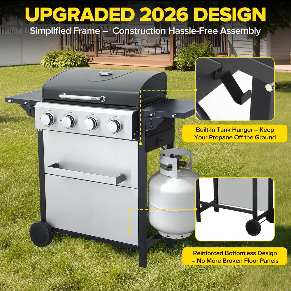 4 Burner Gas Grill with Foldable Shelves, 40,000 BTU Stainless Steel Propane ...