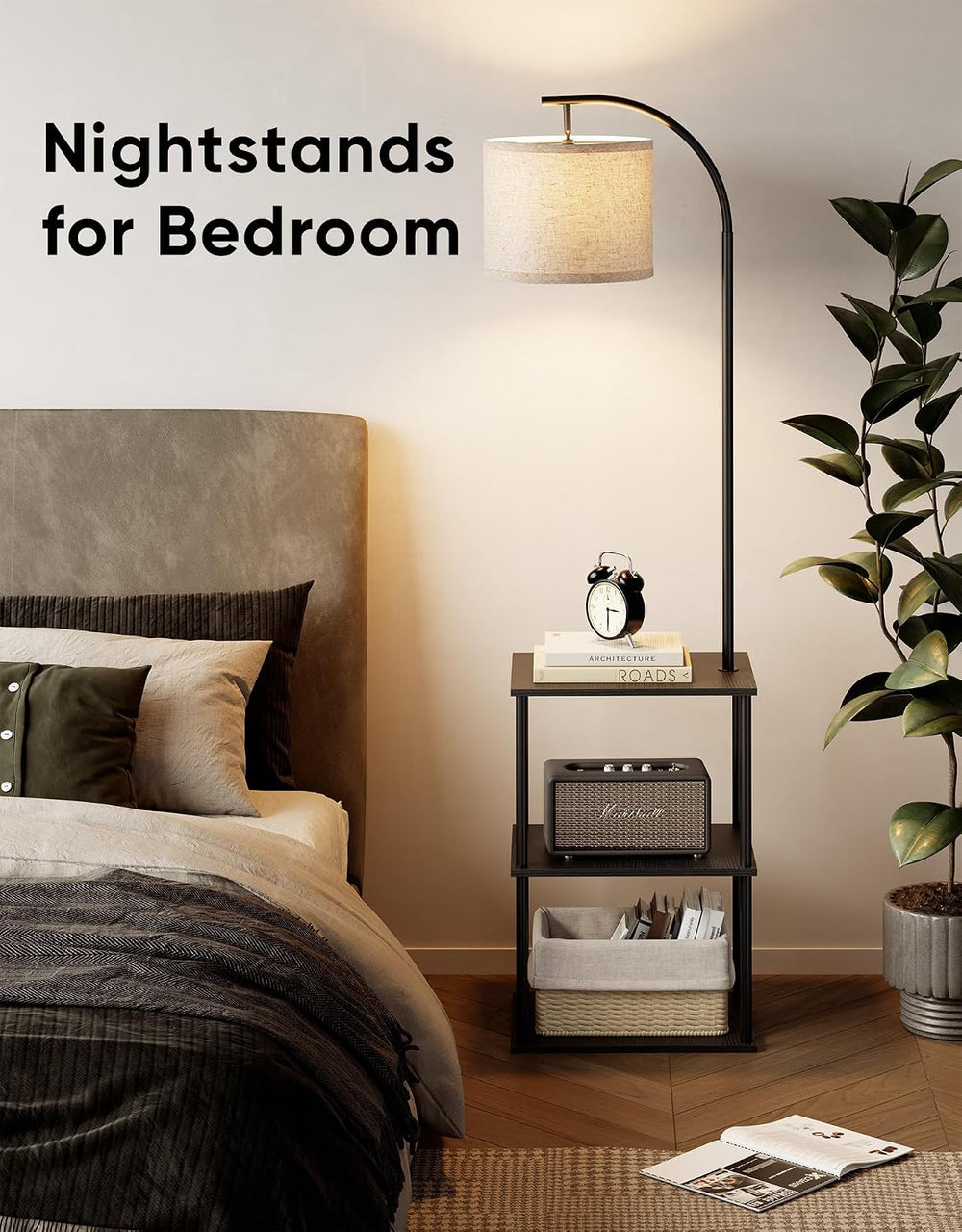 Black Floor Lamp with Table 2 Pack, Night Stand with Lamp, Narrow Side Table ...