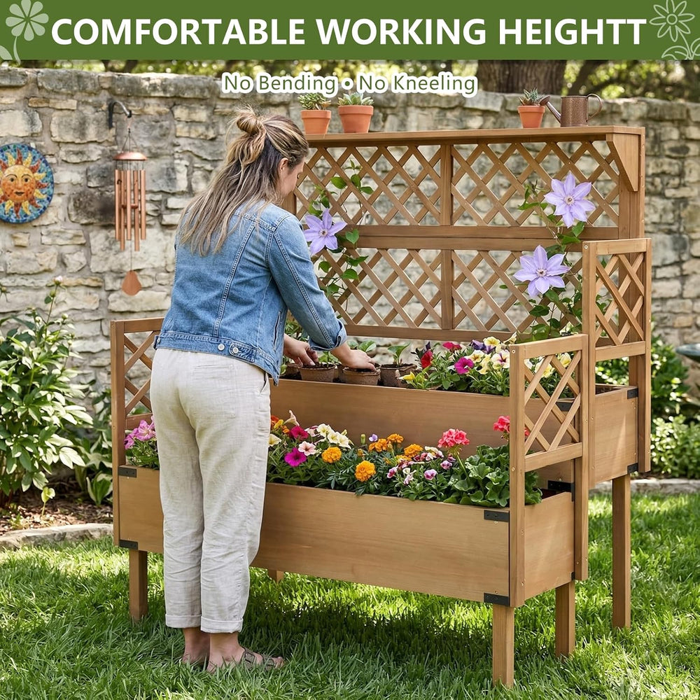 Raised Garden Bed with Trellis, 2-Tier Elevated Planter Box, Wooden Outdoor P...