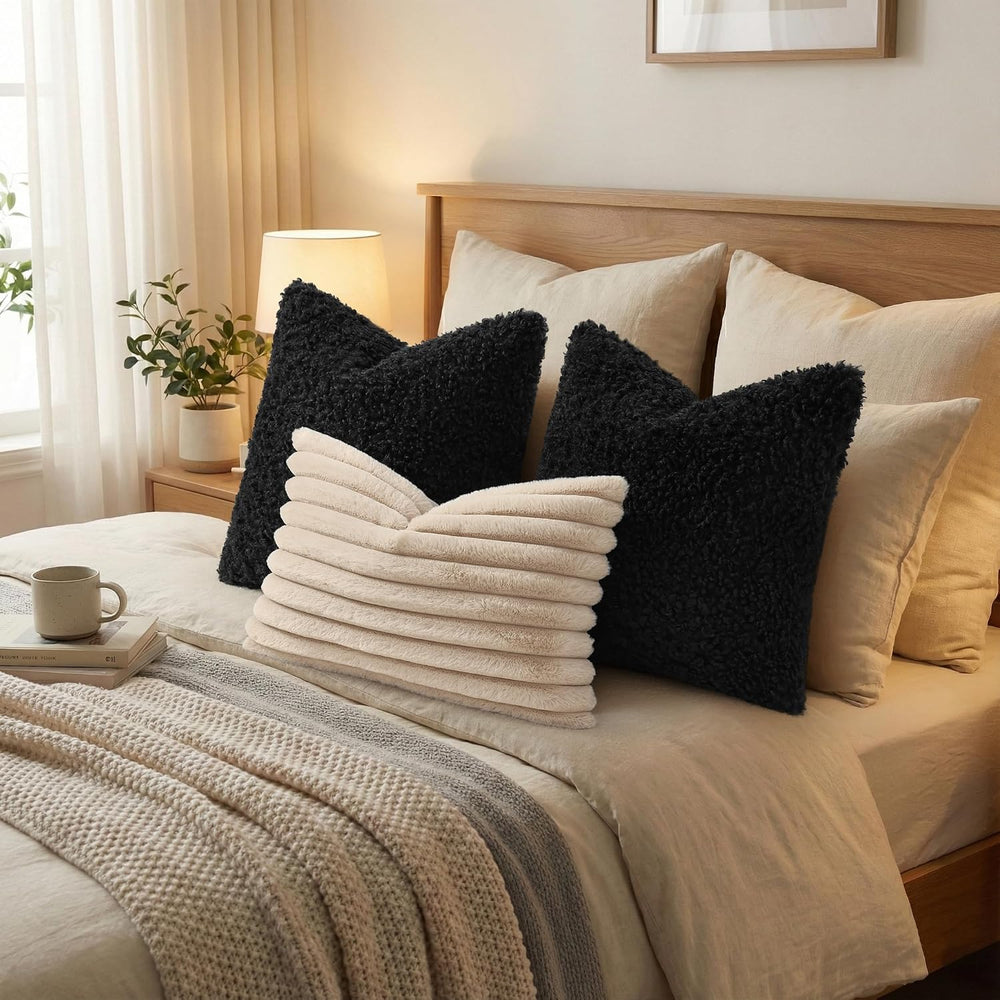 decorUhome Sherpa Decorative Throw Pillow Covers 24x24 Set of 2 Black