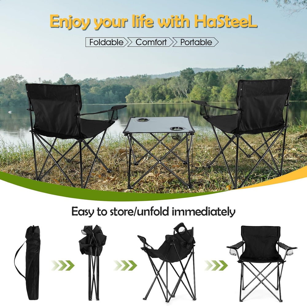 HaSteeL Folding Camping Chair Set of 3, Foldable Black Camp Chairs & Grey...