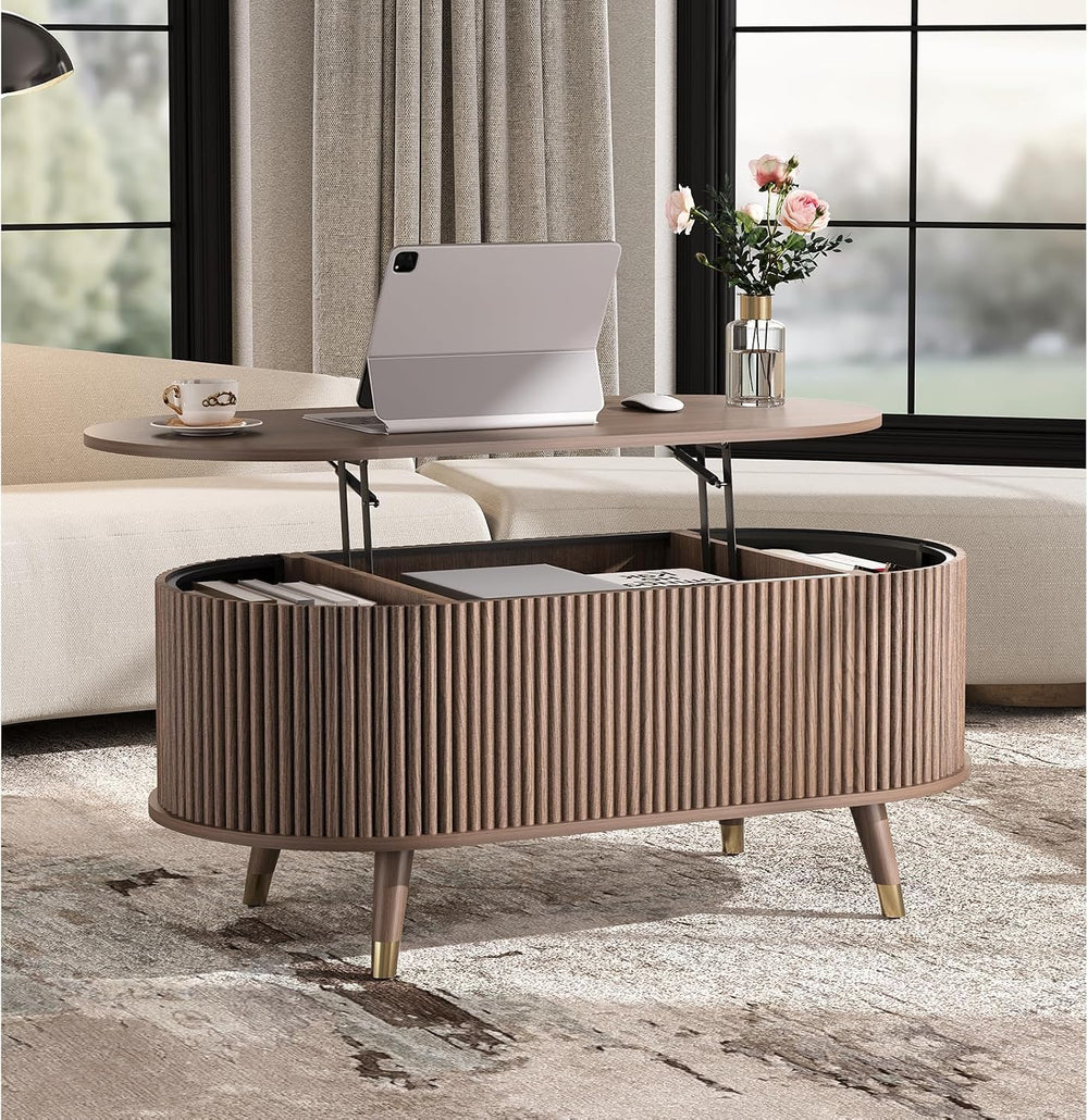 JOINICE Oval Lift Top Coffee Table with Storage for Living Room,Walnut