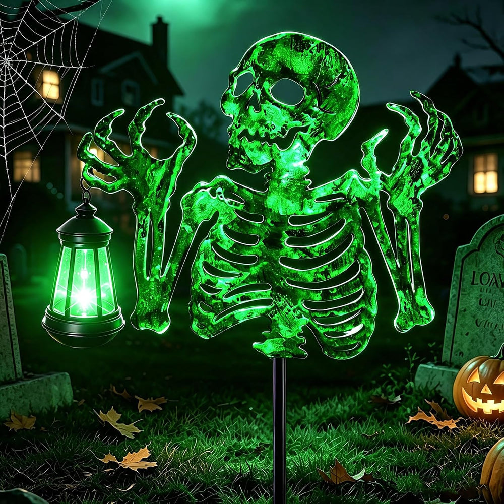 Halloween Skeleton Decorations Outdoor,Spooky Green Glowing Iron Skull