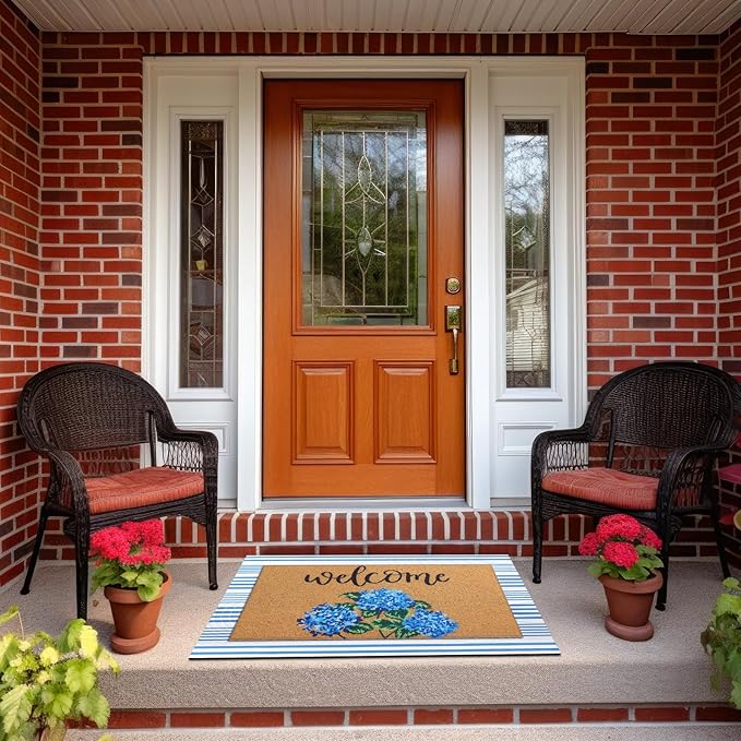 Tinideya 2 Pcs Hydrangea Door Mat Blue and White Stripe Welcome Non Slip Flow...