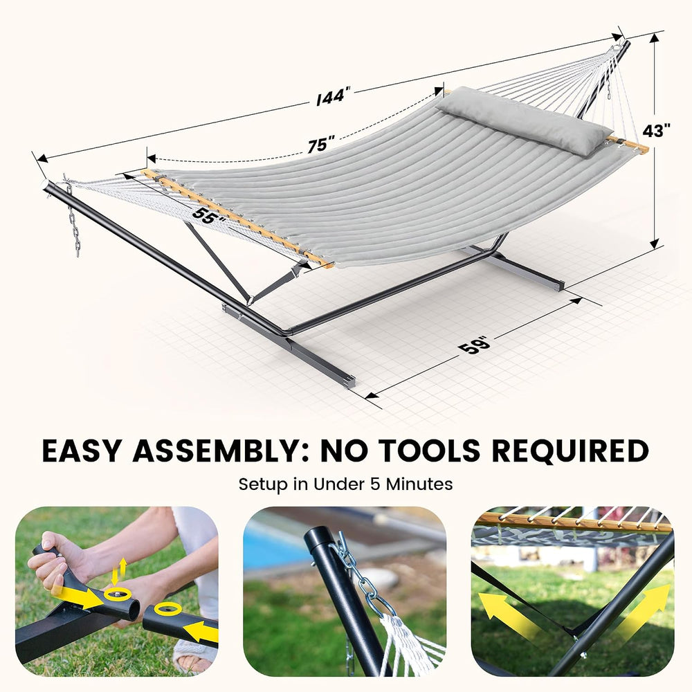 ANAGOO Double Hammock with Stand 500lbs Heavy Duty Outdoor Two Person Gray
