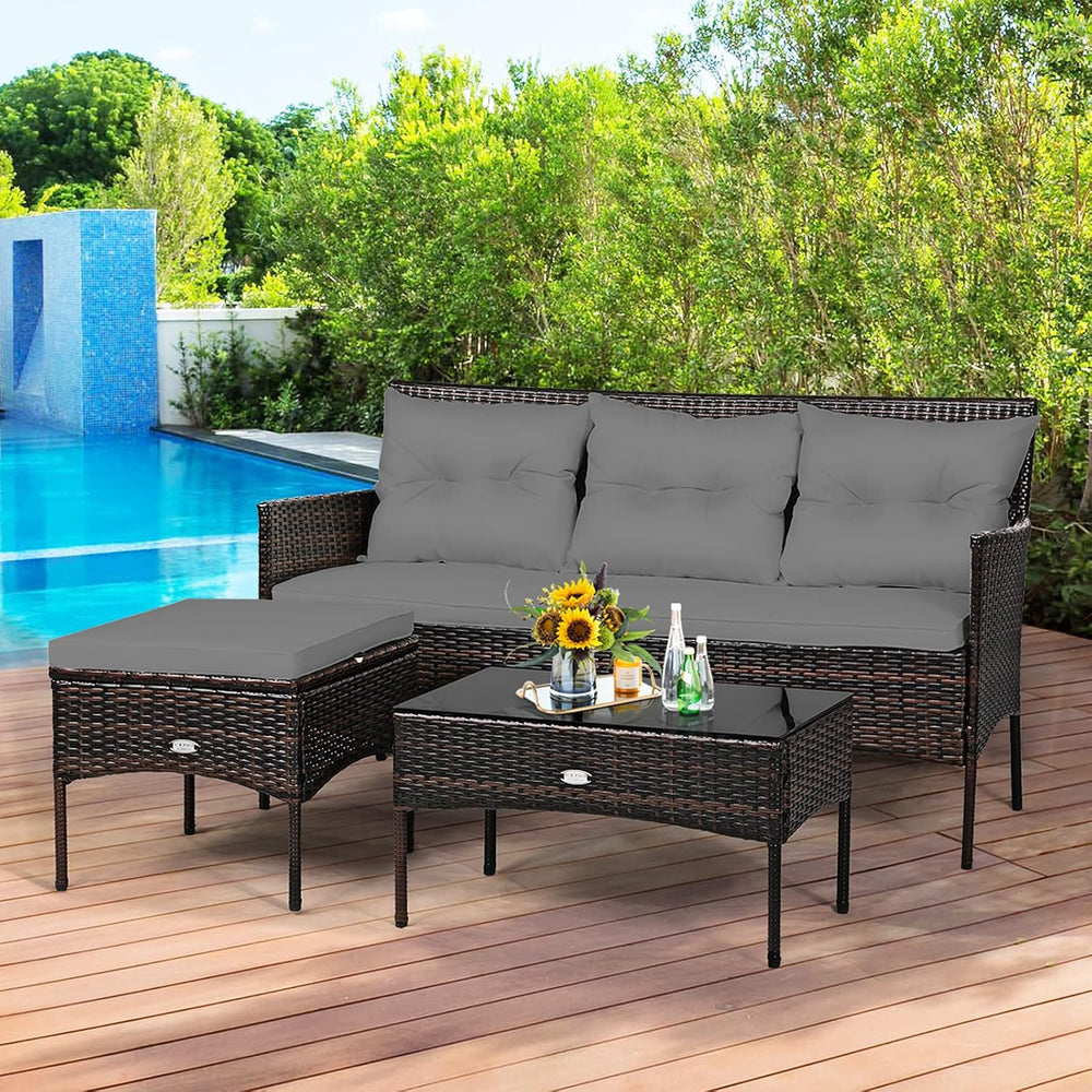 Tangkula 3 Pieces Patio Conversation Set, All Weather Outdoor PE Rattan Wicke...