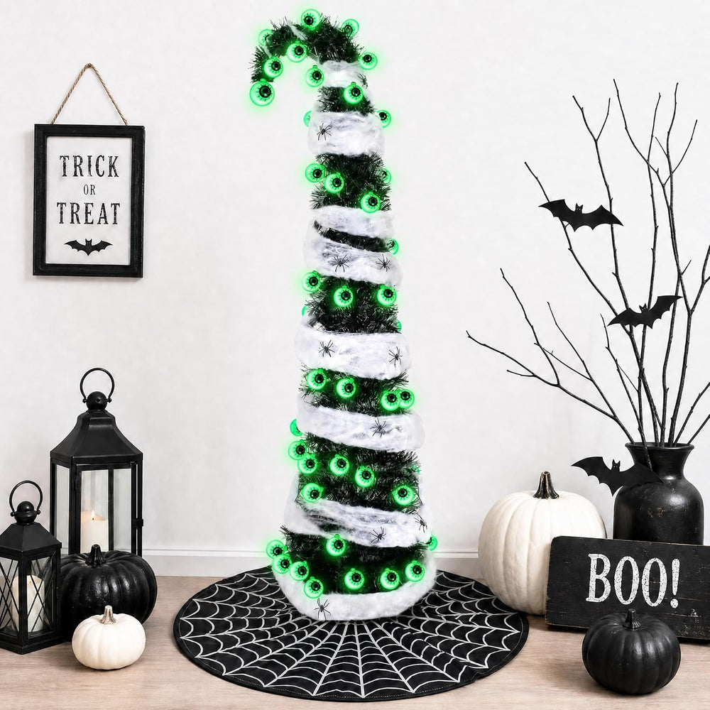 5FT Black Halloween Christmas Tree with 50 Eyeball Lights, Whimsical Pop Up T...