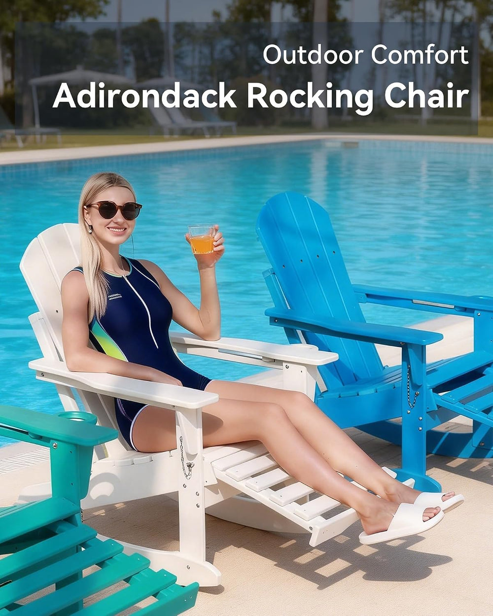 Adirondack Rocking Chair Set of 4 with Retractable Ottoman and Cup Holders, H...