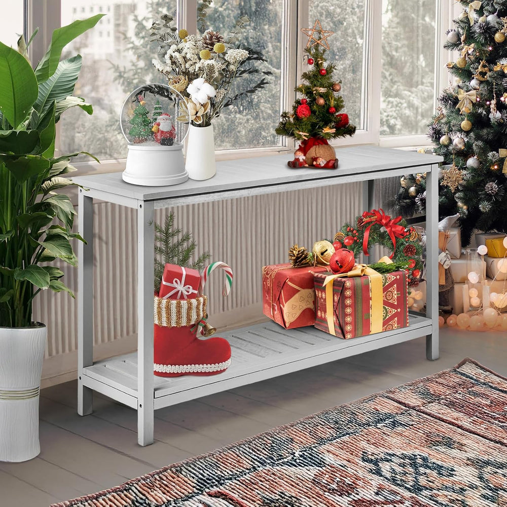 VINGLI 49in Solid Wood Outdoor Console Table, 2-Shelf Wooden Outdoor Accent P...