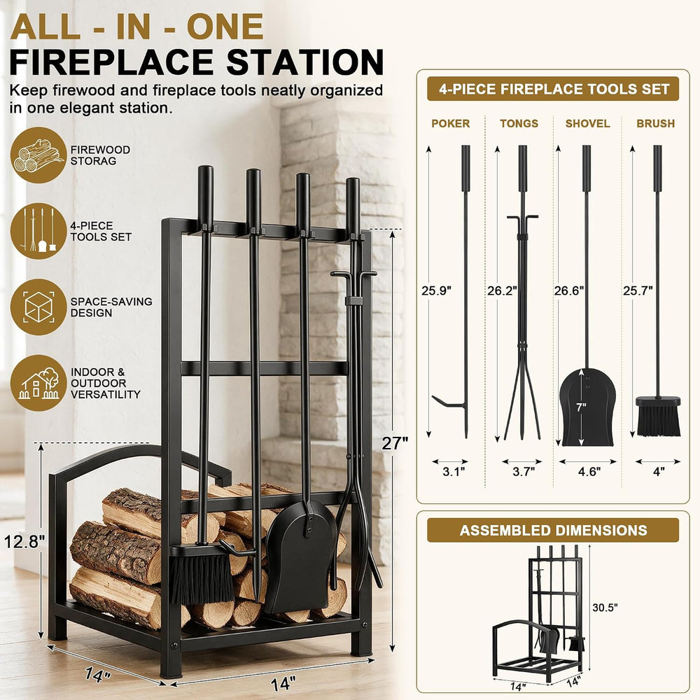 Gtongoko Fireplace Tools Set with Log Rack Holder, Heavy-Duty Steel Frame