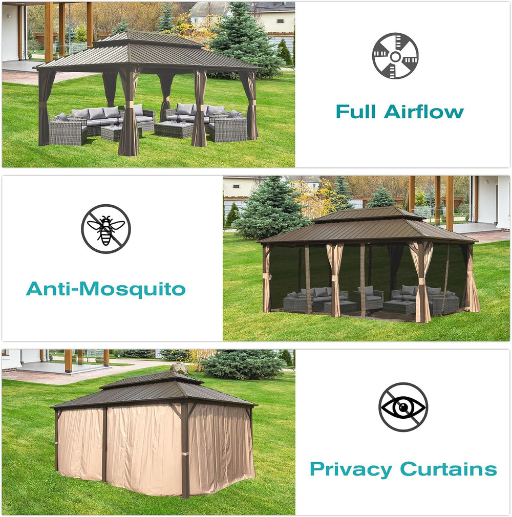 Domi 12x18 Outdoor Hardtop Gazebo, Metal Gazebo for Patios, Brown