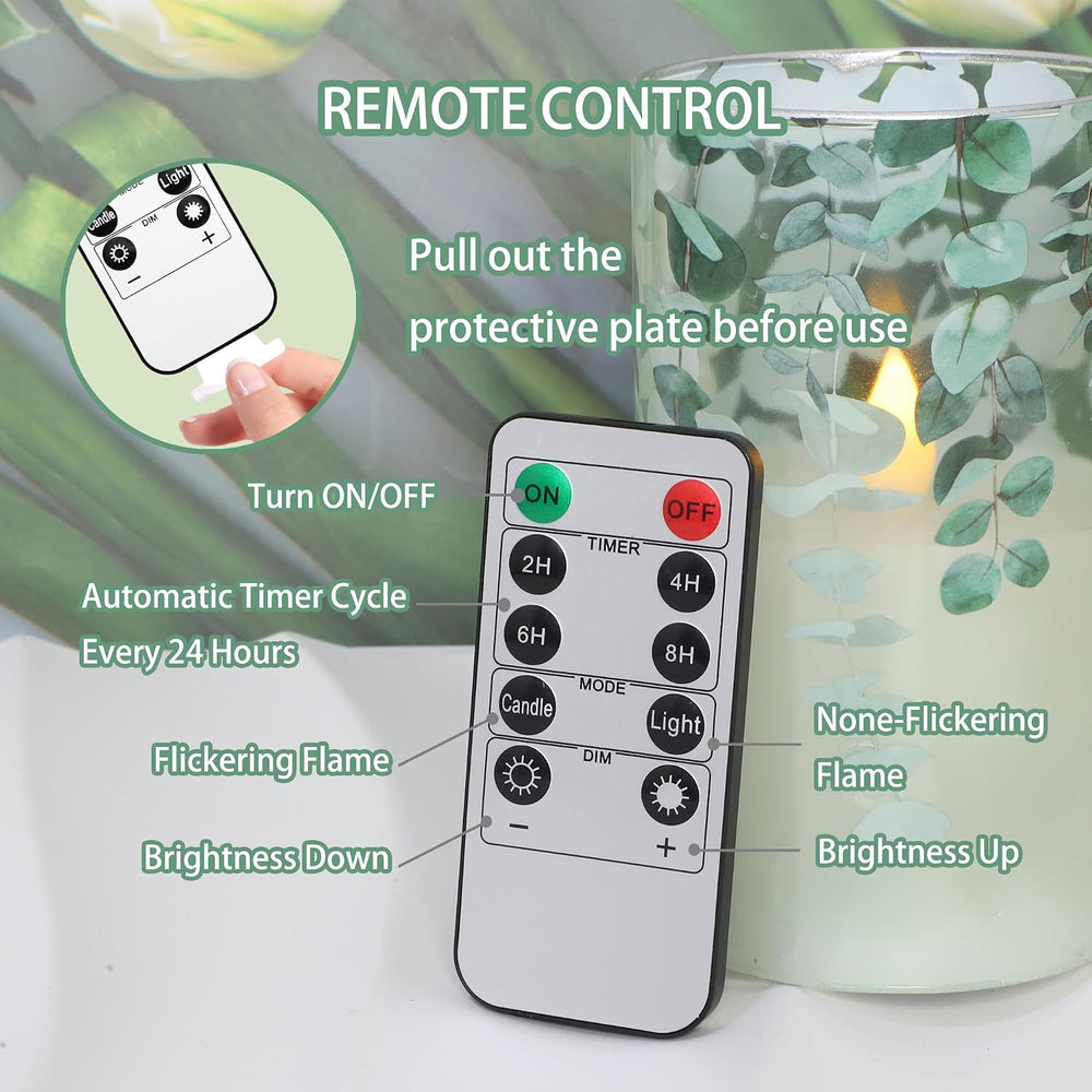 Green Glass Flameless Candles Remote Timer Eucalyptus Leaves Greenery Design ...