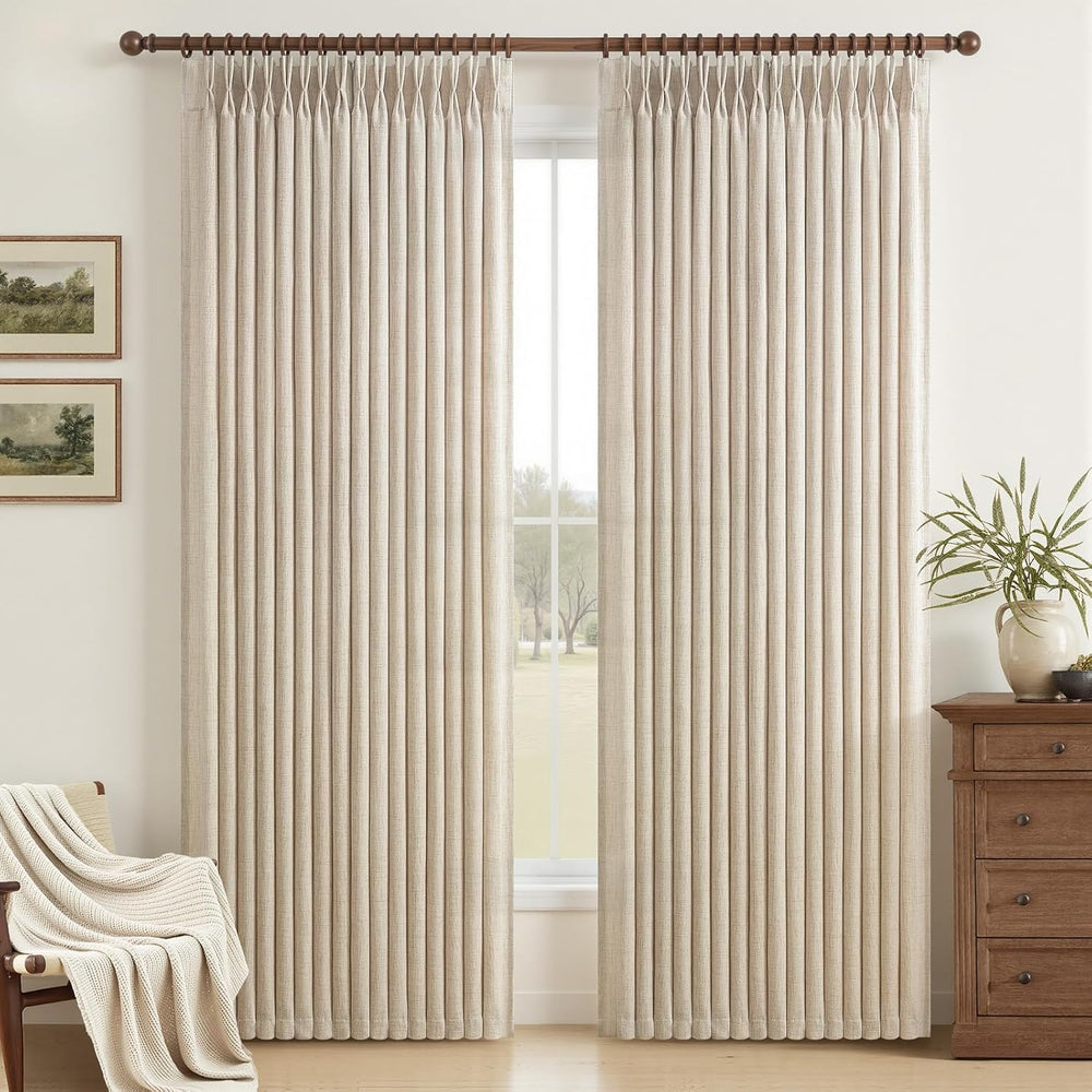 Pinch Pleated Semi Sheer Natural Linen Curtains 96 Inches Long for Living Roo...