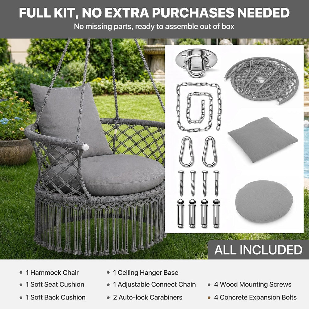 Athena Collection Macrame Hammock Chair with Mounting Hardware Kit, Gray