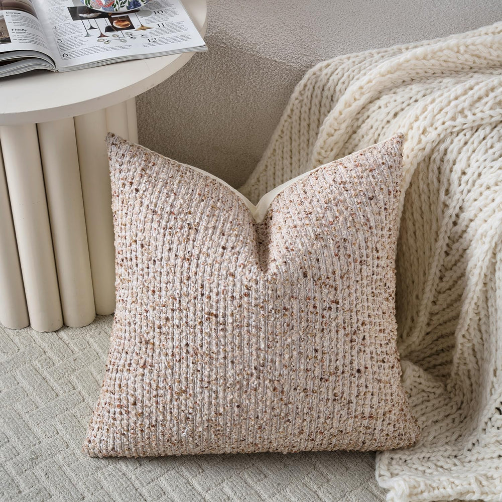 DEZENE Striped Throw Pillow Covers 24x24 Set of 2 Beige Textured Boucle Chic ...