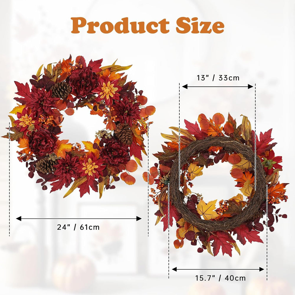 24" Artificial Fall Floral Wreath for Front Door Autumn Wreath with Peon...